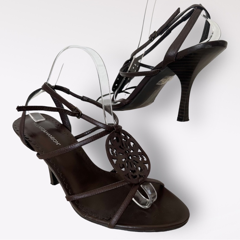 Hillard & Hanson Leather Boho Strappy Heels Shielded Size 9 Brown